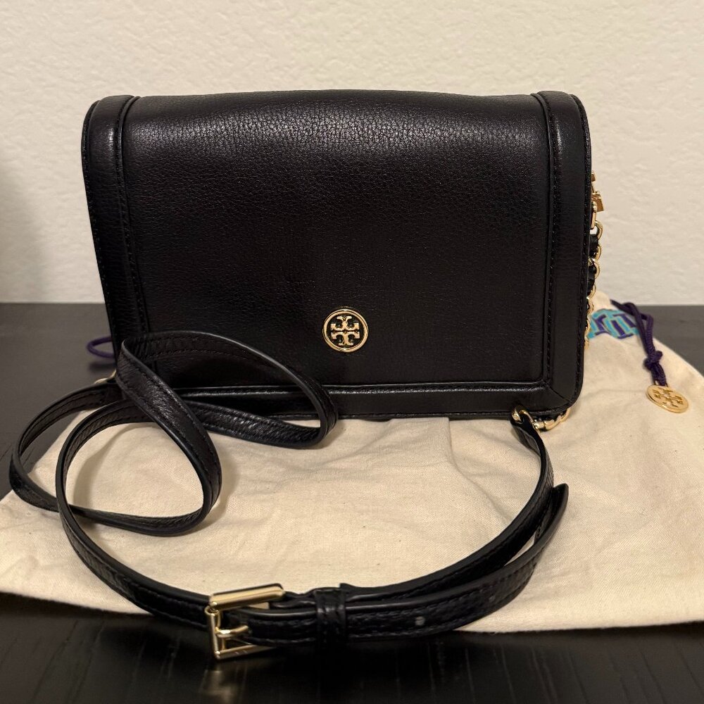 Tory Burch Landon Pebbled Leather Crossbody Black Gold Accent